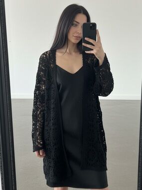 Vintage Black Crochet Open Cardigan Duster, Floral Medallion, Boho Goth One Size